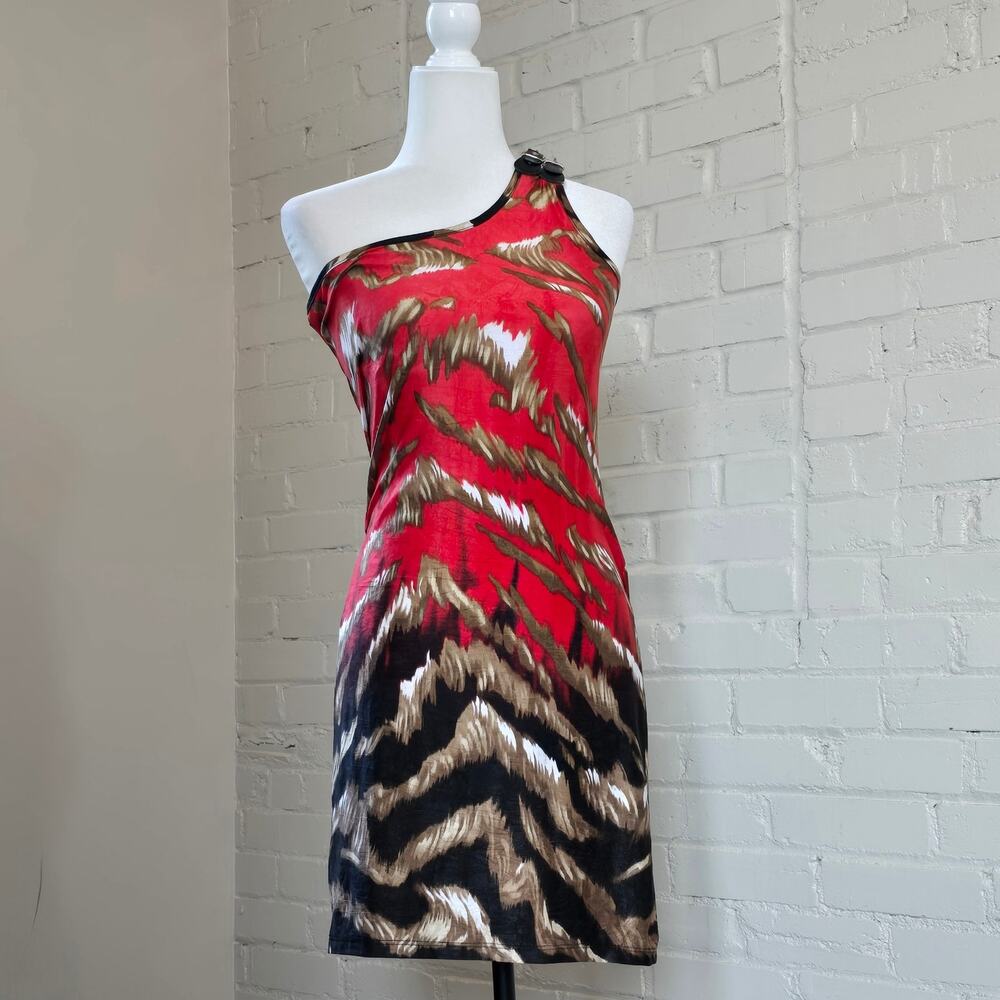 Vintage Y2k Tiger Print Clubwear Mini Dress┃Red & Brown, One-strap Indie Sleaze